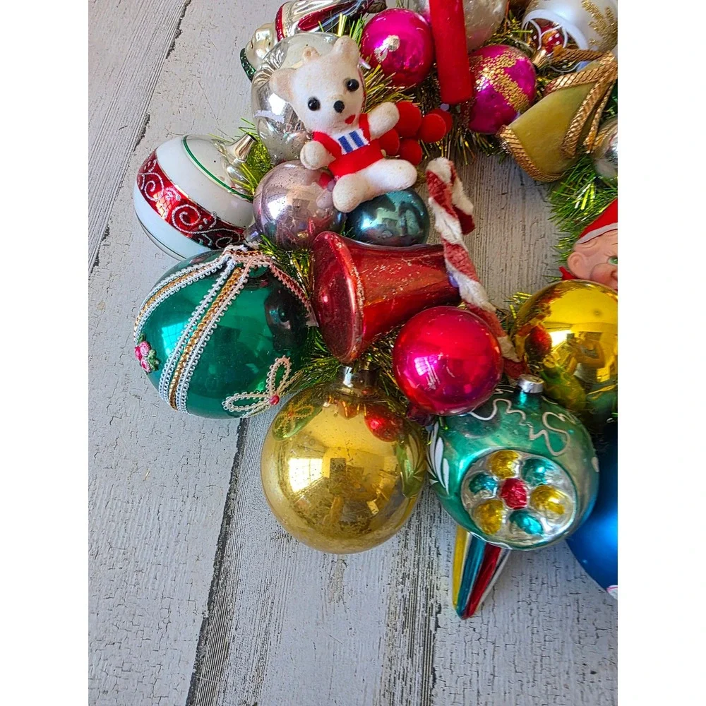 Antique vintage glass ornament wreath pixie knee hugger Santa Xmas hanging decor